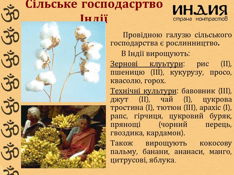 Сільське господасртво Індії       Провідною галузю сільського господарства є